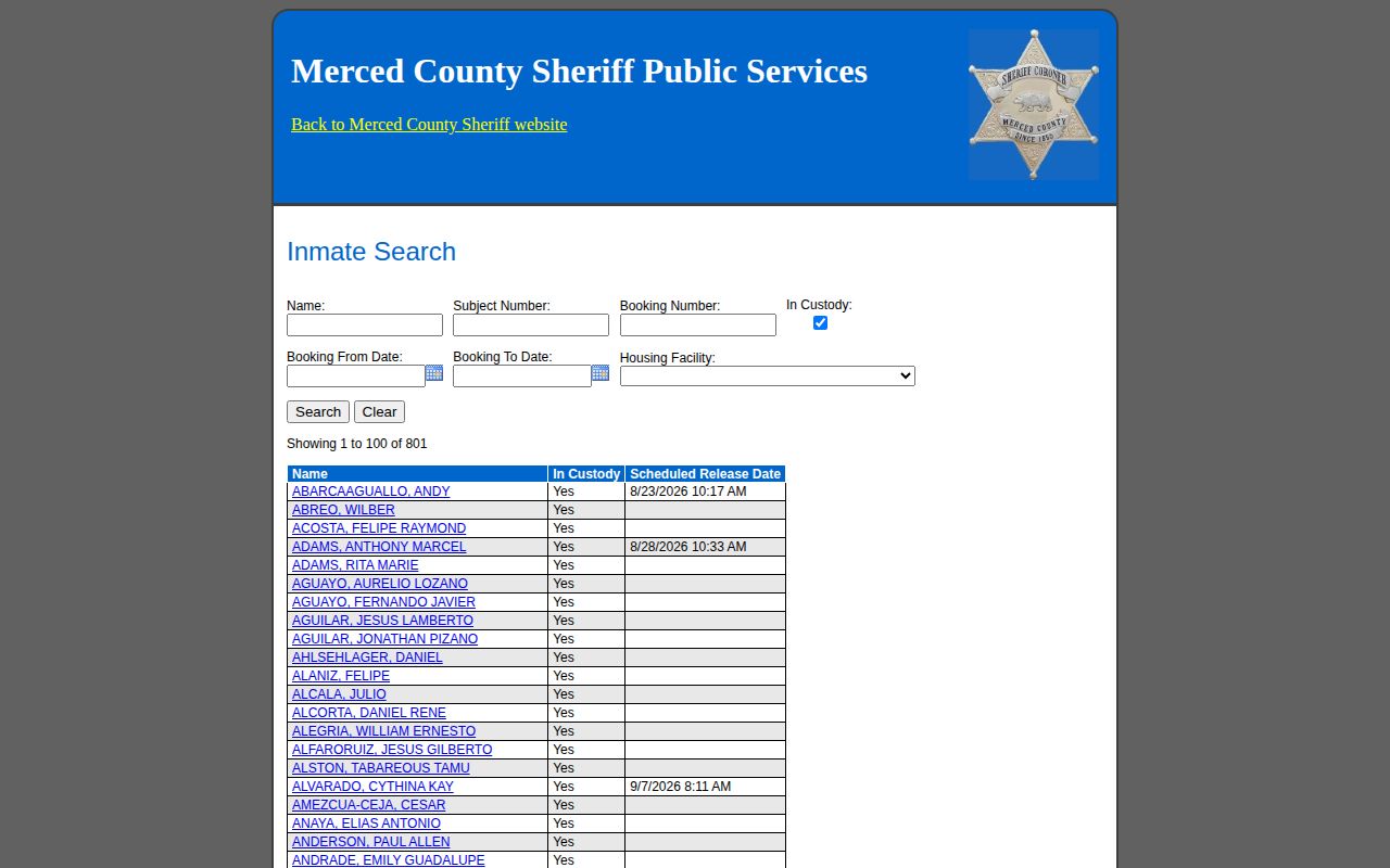Merced County released inmates Sheriff inquiry search page