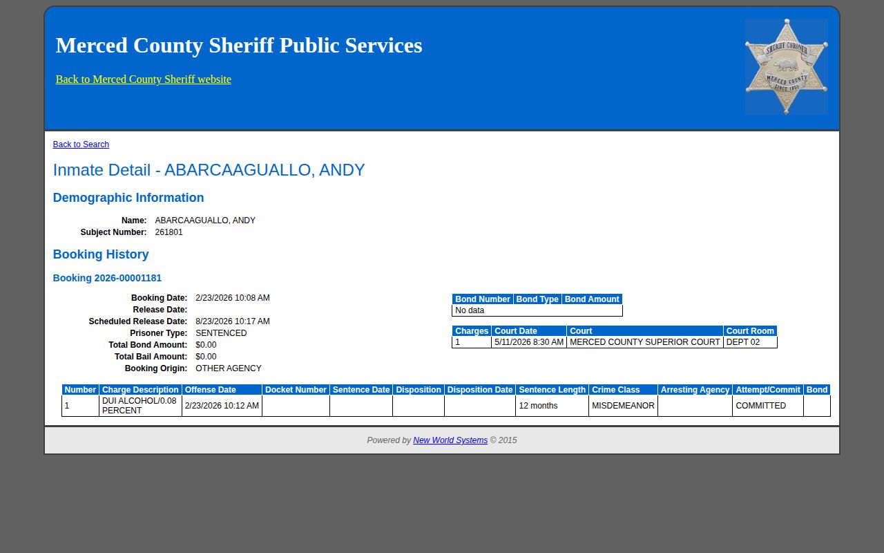 Merced County released inmate detail fields with scheduled release date