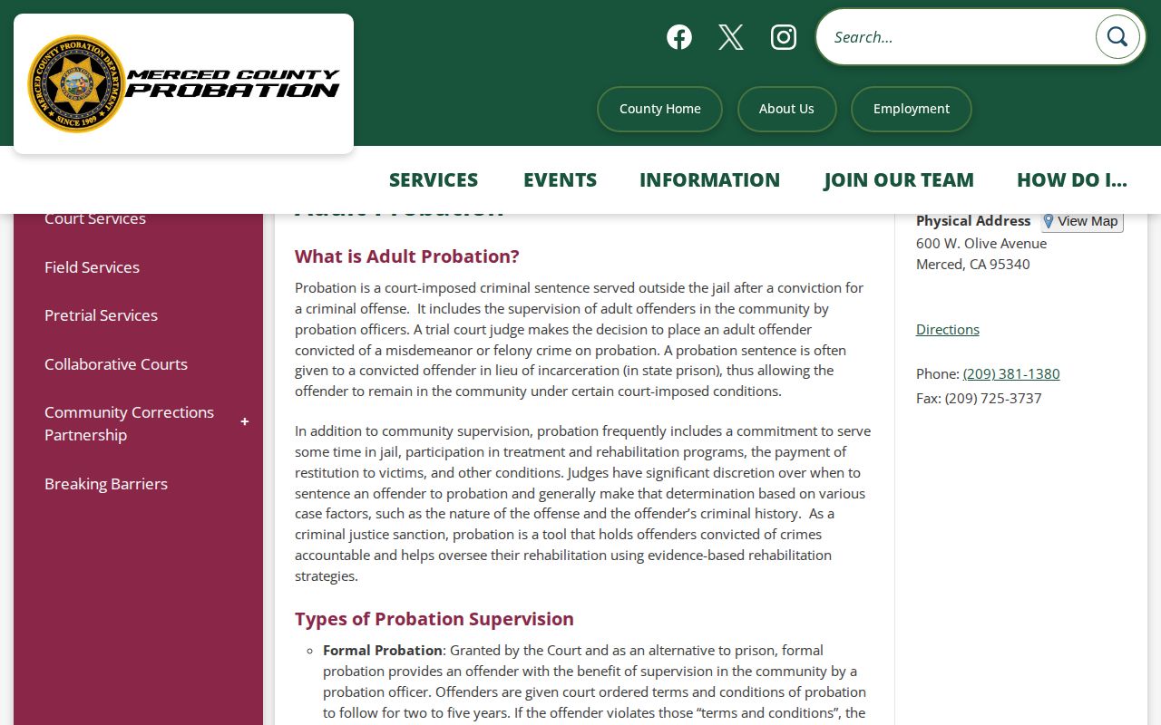 Merced County Adult Probation page used for post-release supervision contact details