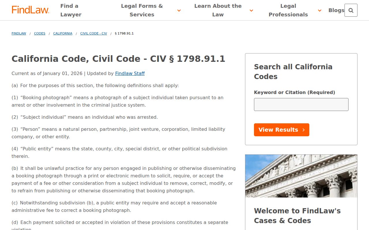 California Civil Code booking photo removal law for Merced County mugshot records
