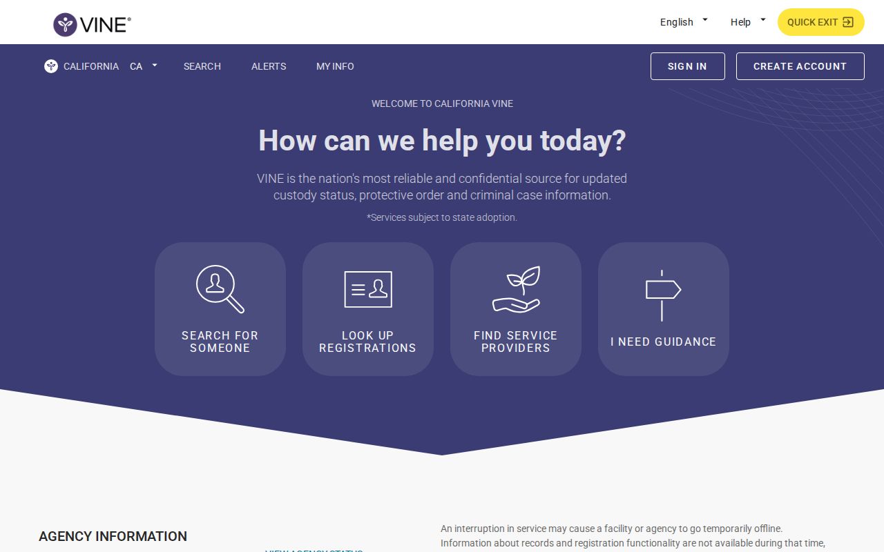 California VINE state page for Merced County custody status and release alerts